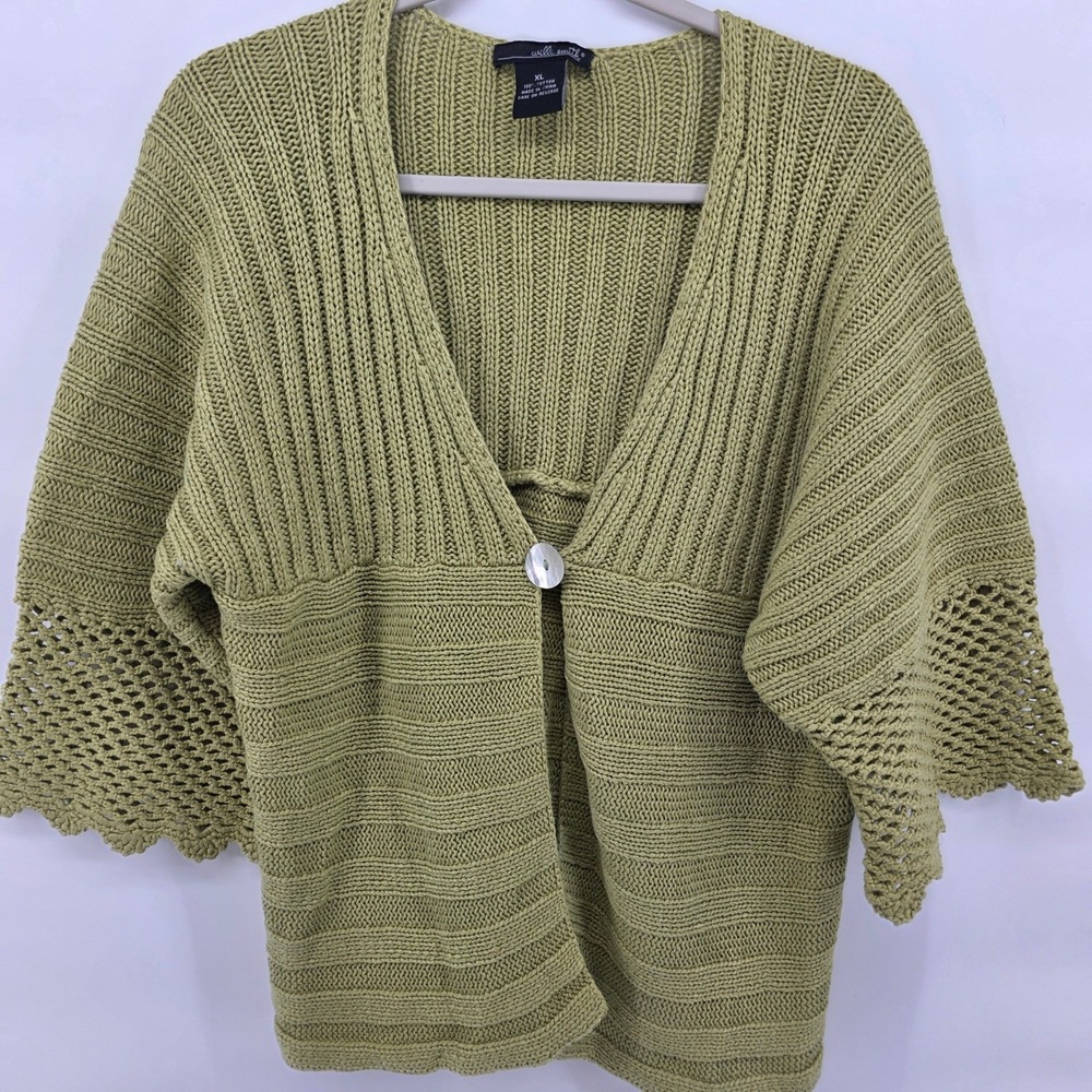 Womens XL Green Cotton Knit‎ Open Front Cardigan Sweater Fairy Cottage Goblin
